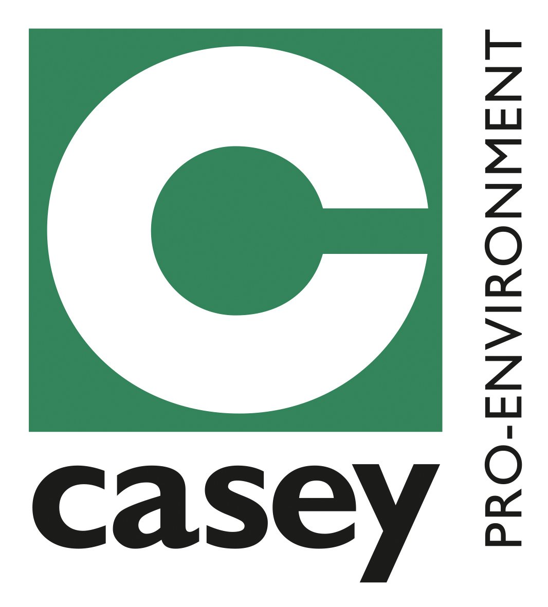 A green square with a large white letter "C" inside, representing the brand "casey." The words "PRO-ENVIRONMENT" are vertically aligned on the right.