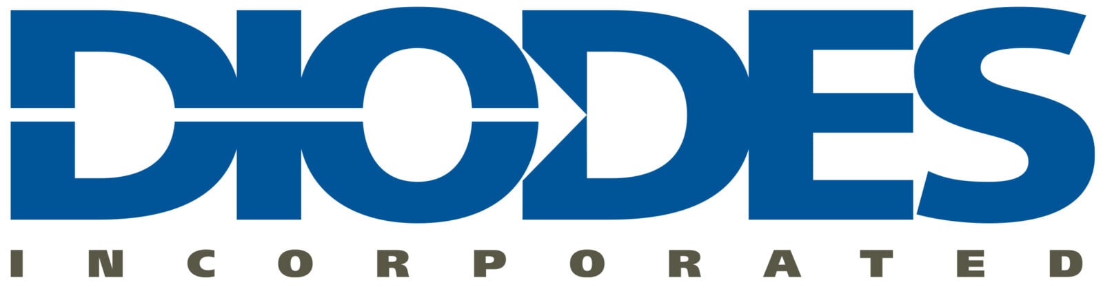 Logo of Diodes Incorporated in bold blue capital letters, featuring an arrow design within the 'D'.