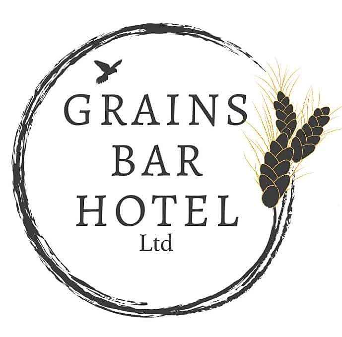 Logo reading "Grains Bar Hotel Ltd" inside a rough circular brushstroke. A bird silhouette above and wheat stalks on the right Logo reading "Grains Bar Hotel Ltd" inside a rough circular brushstroke. A bird silhouette above and wheat stalks on the right