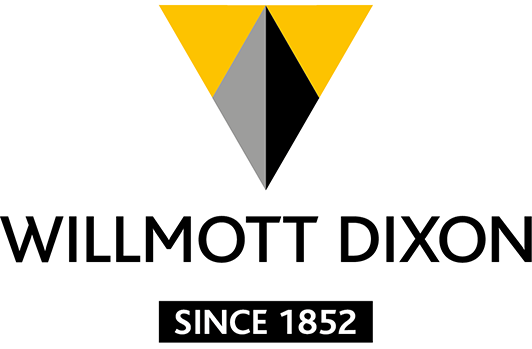 Willmott Dixon's company logo which is a grey and black diamond inside a yellow triangle, used to resemble a building.